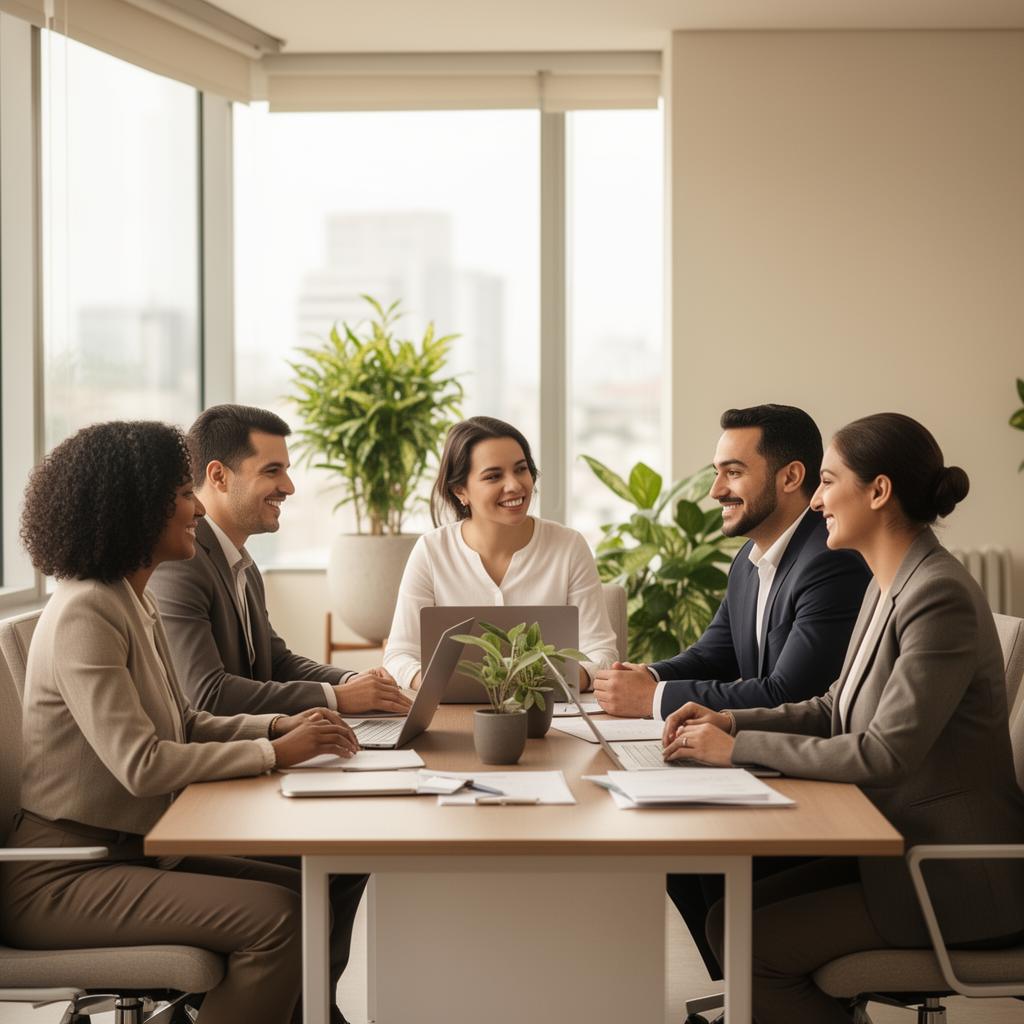 Pequena equipe empresarial reunida em ambiente corporativo acolhedor