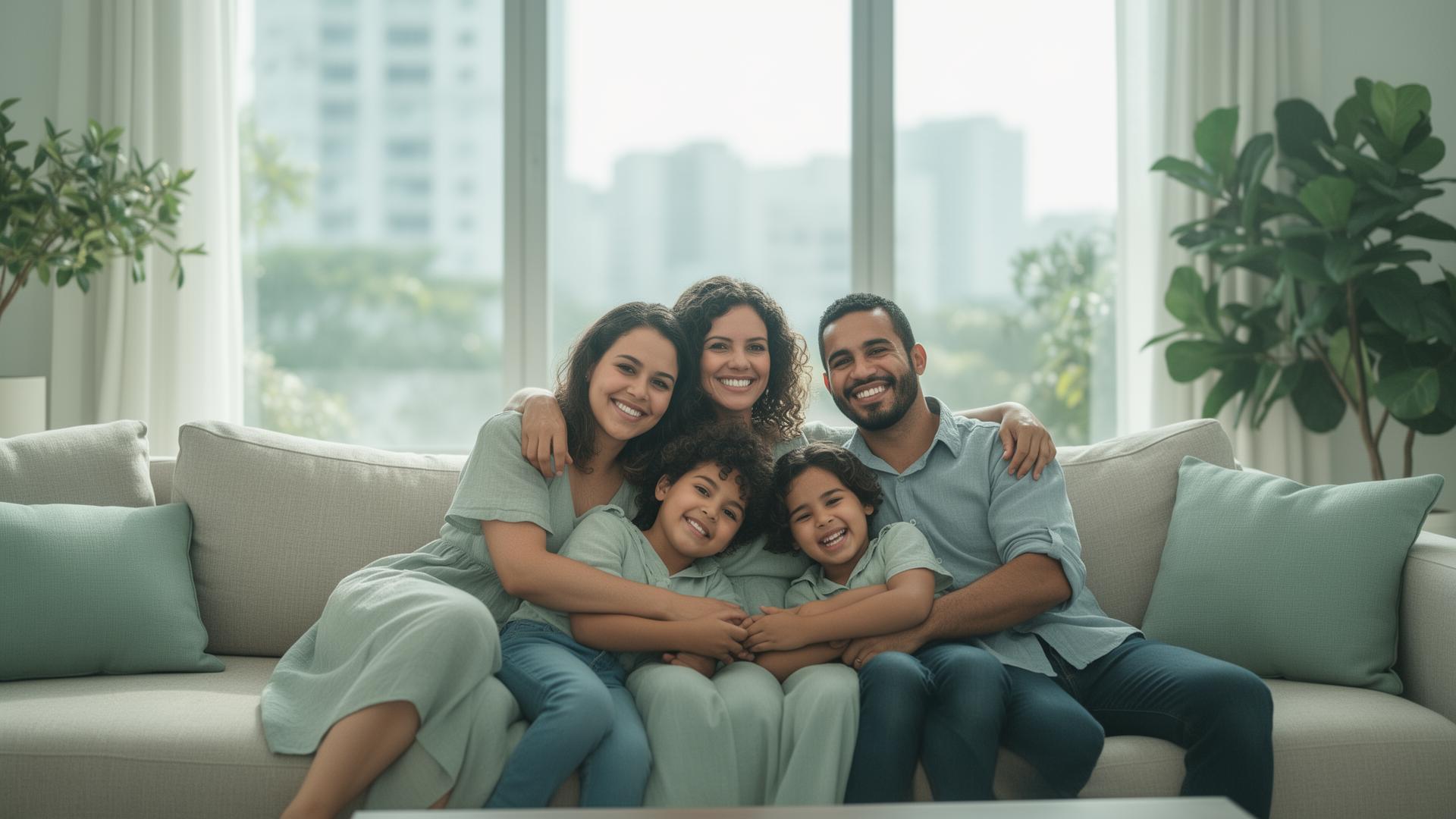 Família reunida em casa, transmitindo bem-estar e cuidado